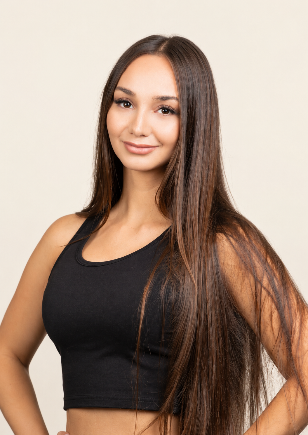 Meleah, your yoga teacher, smiling in black activewear against a warm cream background